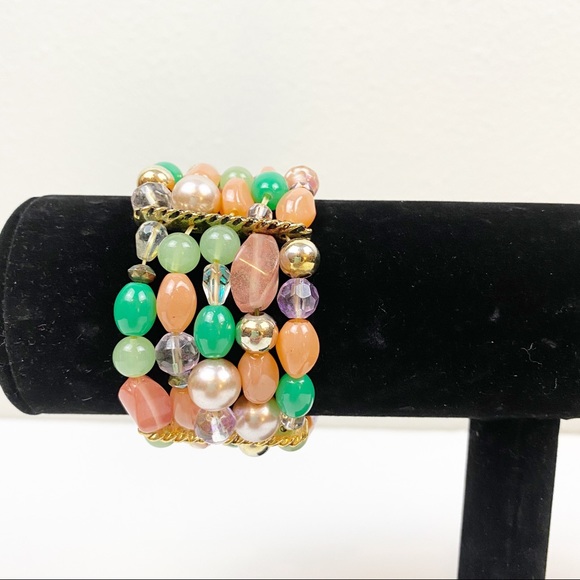 💕 Green Peach and Gold Beaded stretch Bracelet OS - Picture 2 of 4